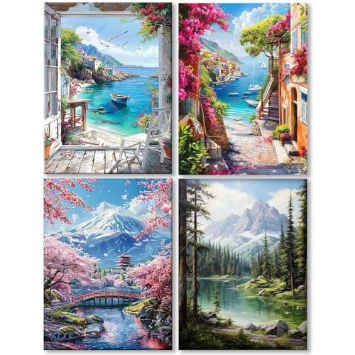 WEMEON 4 Stück Malen Nach Zahlen Erwachsene(30X40cm)- Landschaft Malen nach Zahlen, Malen Nach Zahlen Kit mit 12 Pinseln, Acrylfarben Handgemalt Ölgemälde Leinwand für Home Decor, Ohne Rahmen von WEMEON