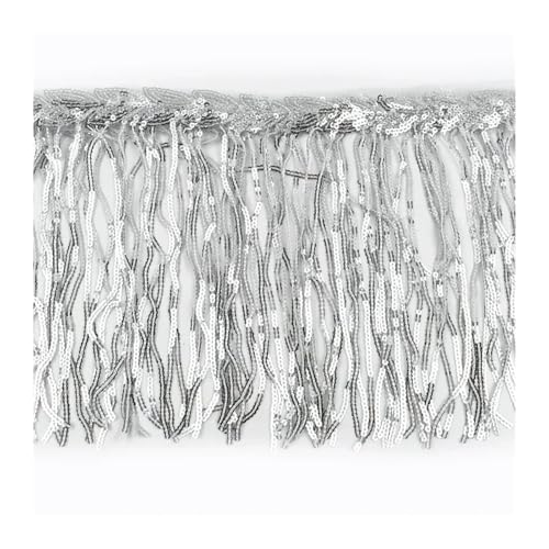 WENH 1-10 Yards 20 cm Paillettenquaste Fransen for Tanzkleid Fransen Spitzenbesatz Band Quasten Glitzerstoff DIY Bekleidungszubehör(Silver,20cm-1Yard) von WENH
