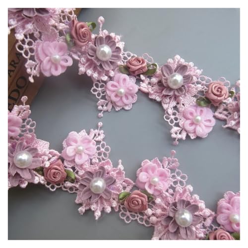 WENH 1 Yard Rose Blume Perle Bestickt Spitze Trim Band Stoff Nähen Applique liefert Handwerk for Kostüm Kleid Hut Dekoration(Pink) von WENH