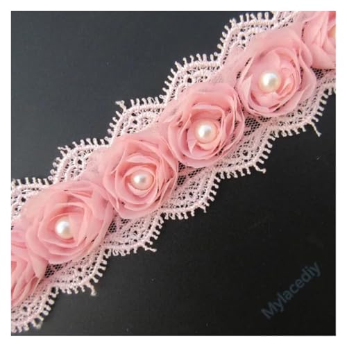 WENH 12 x Perlen-3D-Chiffon-Rosenblumen, Spitzenbesatz, Band, Stoff, handgefertigt, Bestickt, Applikation, Hochzeitskleid, Nähen, Basteln, Dekoration(Pink) von WENH