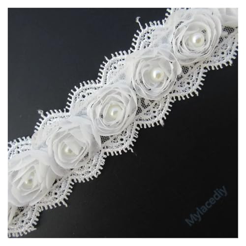 WENH 12 x Perlen-3D-Chiffon-Rosenblumen, Spitzenbesatz, Band, Stoff, handgefertigt, Bestickt, Applikation, Hochzeitskleid, Nähen, Basteln, Dekoration(White) von WENH