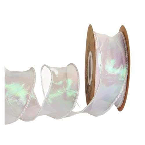 WENH 9,1 m Chiffonband mit Laser-Regenbogendraht, 3,8 cm Ripsband, biegbar, schillernd, Organzaband for Blumenstraußverpackungen(01 Pearl White) von WENH