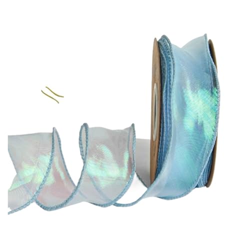 WENH 9,1 m Chiffonband mit Laser-Regenbogendraht, 3,8 cm Ripsband, biegbar, schillernd, Organzaband for Blumenstraußverpackungen(02 Sky Blue) von WENH