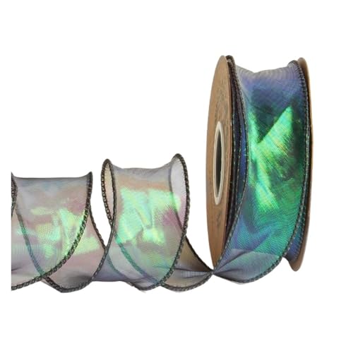 WENH 9,1 m Chiffonband mit Laser-Regenbogendraht, 3,8 cm Ripsband, biegbar, schillernd, Organzaband for Blumenstraußverpackungen(08 Aurora Green) von WENH