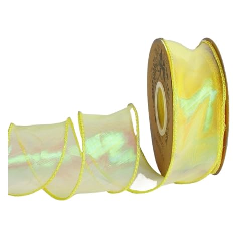WENH 9,1 m Chiffonband mit Laser-Regenbogendraht, 3,8 cm Ripsband, biegbar, schillernd, Organzaband for Blumenstraußverpackungen(15 Yellow) von WENH