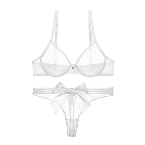 Damen durchsichtiger BH und Tanga-Set, transparent, Netzstoff, sexy Unterwäsche, Push-Up-BH, 2-teilig (Farbe: Weiß, Größe: 75C) von WENJUN