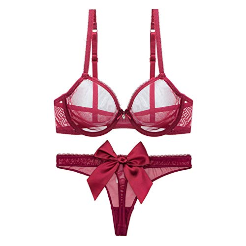 WENJUN Damen durchsichtiger BH und Tanga-Set, transparent, Netzstoff, sexy Unterwäsche, Push-Up-BH, 2-teilig (Farbe: Rot, Größe: 90E) von WENJUN
