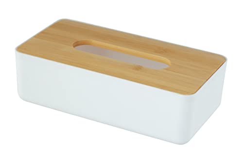 WENKO Kosmetiktuchbox Rotello, Box für Kosmetiktücher oder Taschentücher, Kunststoffbox mit Deckel aus Bambus, leichte Entnahme, zum Verstauen handelsüblicher Pappboxen,8.0 x24.2x13.0 cm,Weiß/Natur von WENKO