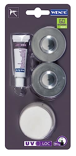 WENKO UV-Loc® Befestigungsset, 2 Adapter passend für Verschiedene Drahtserien inkl. Spezialkleber und UV-Lampe, Befestigen ohne Bohren mit innovativem Klebesystem UV-Loc®, je Ø 5 x 1,5 cm, Chrom von WENKO
