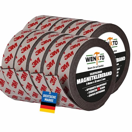 WENKTO® Magnetklebeband 3 Meter; Starkes 3M Magnetband DIY-Projekte & Heimwerken; Flexibles Klebeband mit Magneten; Magnetisches Band für Wände, Türbefestigungen & mehr (10x 3 Meter, 2 cm Breite) von WENKTO