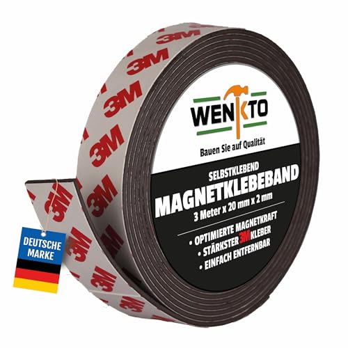 WENKTO® Magnetklebeband 3 Meter; Starkes 3M Magnetband DIY-Projekte & Heimwerken; Flexibles Klebeband mit Magneten; Magnetisches Band für Wände, Türbefestigungen & mehr (1x 3 Meter, 2 cm Breite) von WENKTO