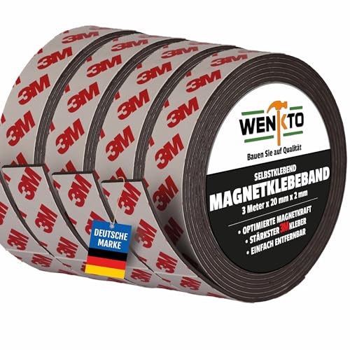 WENKTO® Magnetklebeband 3 Meter; Starkes 3M Magnetband DIY-Projekte & Heimwerken; Flexibles Klebeband mit Magneten; Magnetisches Band für Wände, Türbefestigungen & mehr (4x 3 Meter, 2 cm Breite) von WENKTO