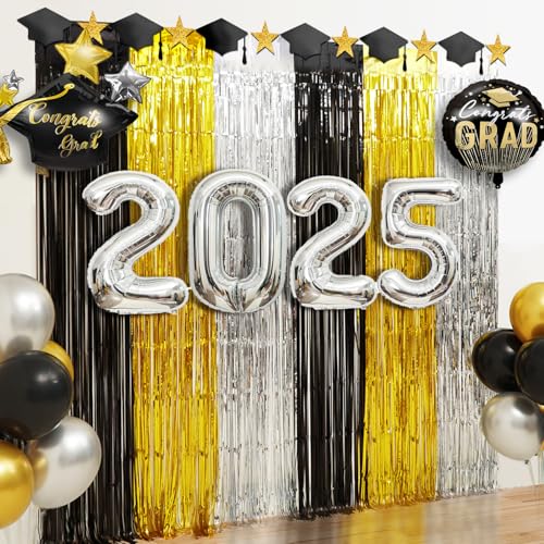 Abschlussdekorationen 2025, 4 Stück, Folien-Fransenvorhänge, schwarz, gold, silber, metallisch, Lametta-Hintergrund, Abschlussfeier, Foto-Requisiten, Luftschlangen für High School, College Abschlussdekorationen 2025, 4 Stück, Folien-Fransenvorhänge, schwarz, gold, silber, metallisch, Lametta-Hintergrund, Abschlussfeier, Foto-Requisiten, Luftschlangen für High School, College von WENSEO