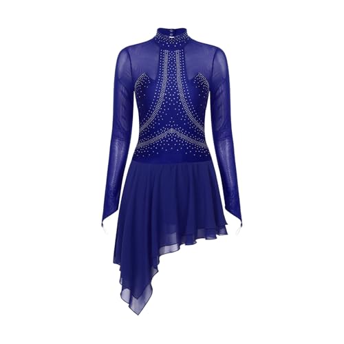 WENYOG Eiskunstlaufkleid Damen Eiskunstlaufkleid mit glitzernden Strasssteinen, durchsichtigem Netzstoff, langärmelig, Ballett, Tanz, Gymnastik, Trikot, Kleider, Gesellschaftstanz(Blue,M) von WENYOG