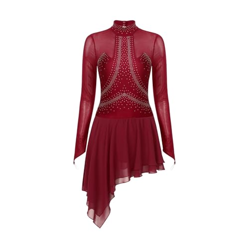 WENYOG Eiskunstlaufkleid Damen Eiskunstlaufkleid mit glitzernden Strasssteinen, durchsichtigem Netzstoff, langärmelig, Ballett, Tanz, Gymnastik, Trikot, Kleider, Gesellschaftstanz(Deep Red,S) von WENYOG