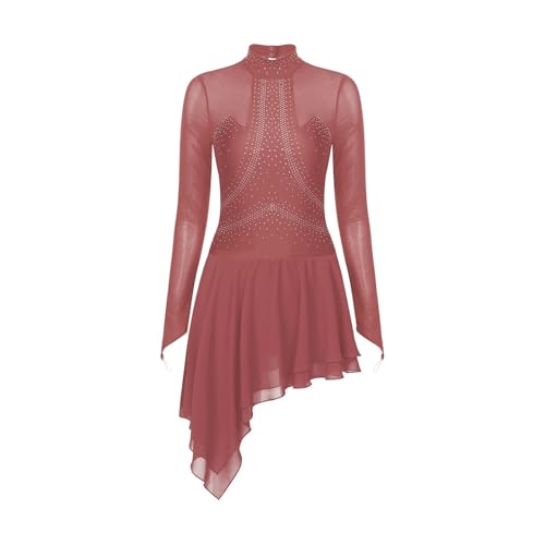 WENYOG Eiskunstlaufkleid Damen Eiskunstlaufkleid mit glitzernden Strasssteinen, durchsichtigem Netzstoff, langärmelig, Ballett, Tanz, Gymnastik, Trikot, Kleider, Gesellschaftstanz(Dusty Pink,L) von WENYOG