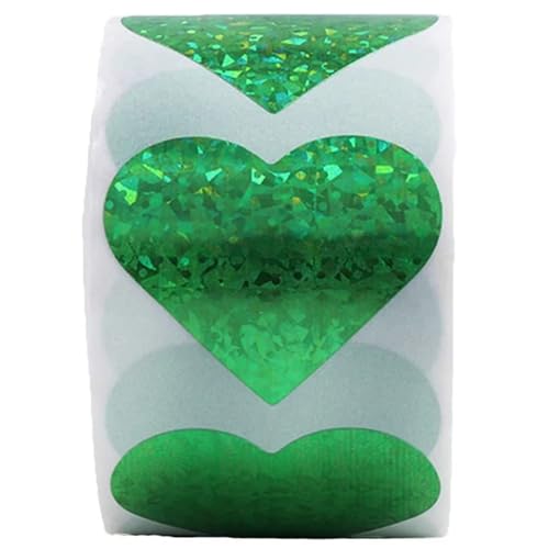 Prägeaufkleber Herz-Laser-Aufkleber, grün, glitzernd, Siegeletiketten, 500 Stück/Rolle, for Valentinstag, Dekoration, Geschenkbox, Verpackungssiegel(1 5inch Green) von WEOKDFHA