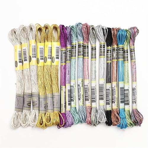 Stickgarn 6-teiliges Set mit leichtem Effekt, hochglänzendem Metallic-Stickgarn, Kreuzstichgarn, 8 Meter lang, 6 Stränge(3 Gold 3 Silver) von WEOKDFHA