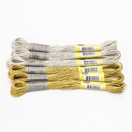 Stickgarn 6-teiliges Set mit leichtem Effekt, hochglänzendem Metallic-Stickgarn, Kreuzstichgarn, 8 Meter lang, 6 Stränge(3 Gold 3 Silver) von WEOKDFHA