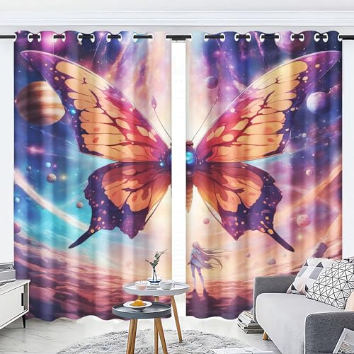 WEQEER 3D Schmetterling Verdunkelungsvorhänge Anime Schmetterlings mädchen vorhänge Mit Ösen Bunt Schmetterling Vorhänge Für Kinderzimmer, 2 Paneele (2,150x166cm(2x75x166cm)) von WEQEER