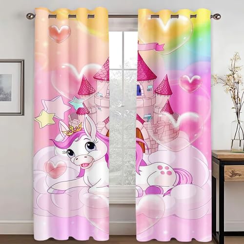 WEQEER Vorhänge Blickdicht Einhorn Verdunklungsgardine Karikatur Rosa Pferd Kinder Fenstervorhang Regenbogen Wolken drucken Vorhang für Kinderzimmer (2,150x166cm(2x75x166cm)) von WEQEER