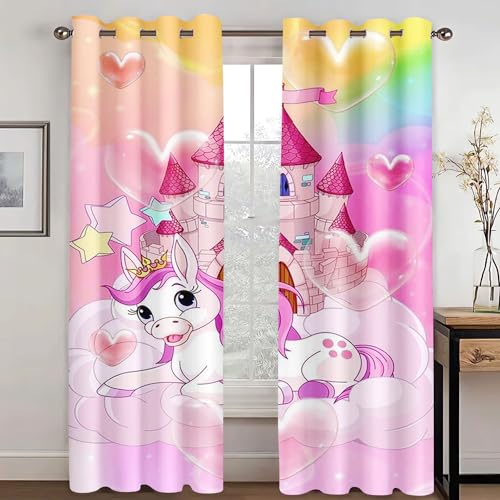 WEQEER Vorhänge Blickdicht Einhorn Verdunklungsgardine Karikatur Rosa Pferd Kinder Fenstervorhang Regenbogen Wolken drucken Vorhang für Kinderzimmer (2,220x215cm(2x110x215cm)) von WEQEER