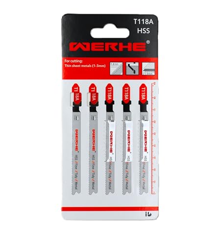 WERHE® Stichsägeblatt T118A 5 Stück für Metall Schnitte – für präzises Schneiden von dünne Blechen (1-3mm) – Metallsägeblatt für Stichsäge mit T Schaft Aufnahme – Zubehör Stichsäge von WERHE