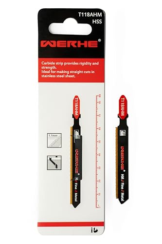 WERHE® Stichsägeblatt T118AHM für Metall Schnitte – für präzises Schneiden von dünne Blechen (1,6-3,2mm) – Metallsägeblatt für Stichsäge mit T Schaft Aufnahme – Zubehör Stichsäge von WERHE
