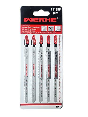 WERHE® Stichsägeblatt T318BF 5 Stück für Metall Schnitte – für präzises Schneiden von mittlere und dicke Blechen (2.5-6mm) – Metallsägeblatt für Stichsäge mit T Schaft Aufnahme – Zubehör Stichsäge von WERHE
