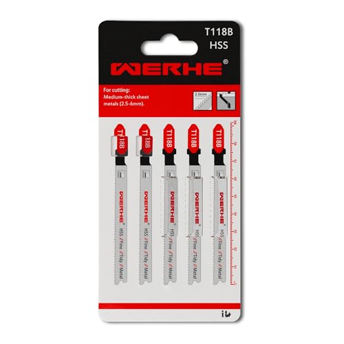 WERHE Stichsägeblätter T118B HSS – für dickes Blech 2,5–6,0 mm – saubere Metallschnitte ohne Grate – 5er-Pack – T-Schaft, 92 mm, Zahnteilung 2,0 mm WERHE Stichsägeblätter T118B HSS – für dickes Blech 2,5–6,0 mm – saubere Metallschnitte ohne Grate – 5er-Pack – T-Schaft, 92 mm, Zahnteilung 2,0 mm von WERHE