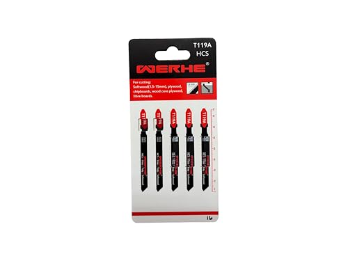 WERHE Stichsägeblätter T119A HCS – für saubere Geradschnitte in Holz 1,5–15 mm – feine Zahnteilung 1,2 mm, ausrissarm – 5er-Pack – T-Schaft, 76 mm WERHE Stichsägeblätter T119A HCS – für saubere Geradschnitte in Holz 1,5–15 mm – feine Zahnteilung 1,2 mm, ausrissarm – 5er-Pack – T-Schaft, 76 mm von WERHE