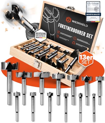 WERKHELD® Forstnerbohrer Set [präzise & extra gehärtet] - 13 unterschiedliche Lochbohrer von 10 bis 60 mm für alle Holz-Arten [inkl. Box zur Aufbewahrung] von WERKHELD