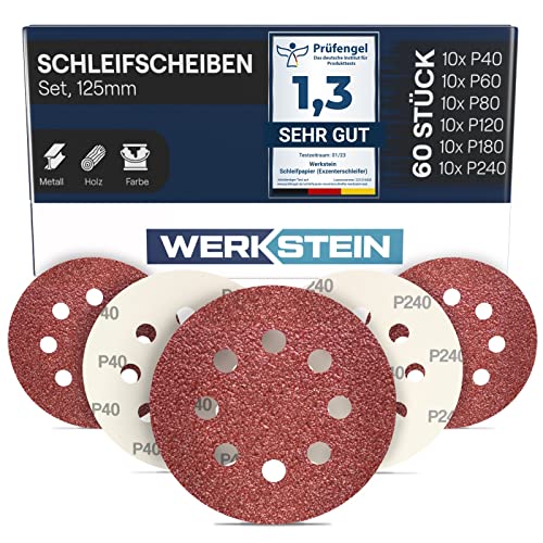 WERKSTEIN 60 Stück Schleifpapier 125mm Klett - Je 10x P40/60/80/120/180/240 Exzenterschleifer, 8 Löcher - Schleifscheiben für Metall, Holz uvm. von WERKSTEIN
