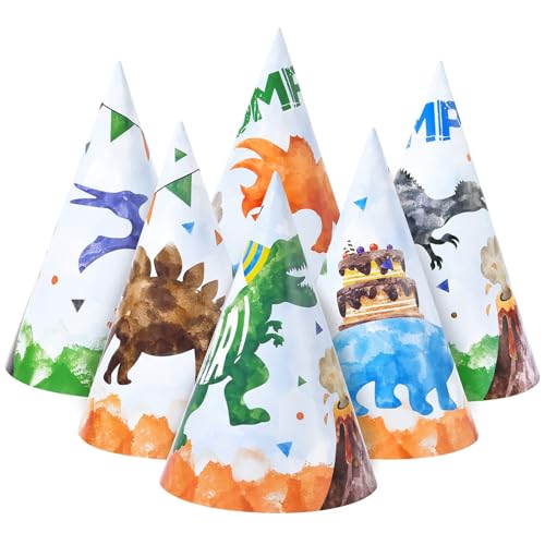 12 Stück Aquarell Dinosaurier Party Hüte – Dinosaurier Party Zubehör für Jungen Kinder Dino Thema Geburtstag Party Kegel Hut Spaß Kunst Bastelpapier Party Hüte in 6 Stil von WERNNSAI