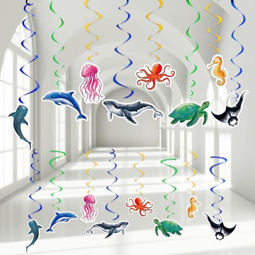 24 Stück Ozean-Party-Hängewirbel – Ozean-Themen-Party-Dekorationen, Meerestiere, Deckenschlangen, Dekoration für Jungen, Kinder, Sommer, unter dem Meer, Babyparty, Geburtstag, Party, Wand- und von WERNNSAI