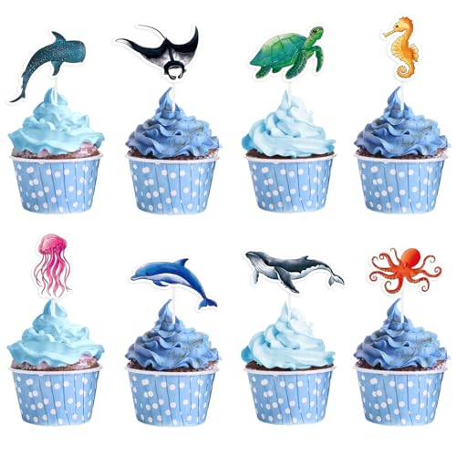 32 Stück Ozean Cupcake Topper – Ozean Motto Partydekorationen Meerestiere Delfine Party Kuchenaufsätze für Jungen unter dem Meer Babyparty Geburtstagsparty Zubehör Fisch Cupcake Dekoration von WERNNSAI