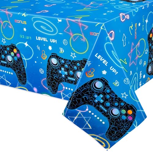 Blaue Videospiel Party Tischdecke –2er Pack 137 x 274 cm Geburtstagsparty Dekorationen für Kids Boys Gamer Party Rechteckige Einweg Tischdecke aus Kunststoff für Gaming Night Geek Game Partyzubehör von WERNNSAI