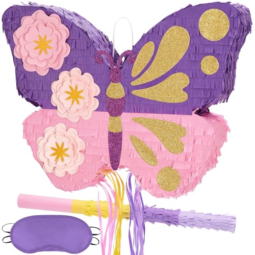 Butterly Pinata – bunte Butter-Piñata mit Augenbinde und Fledermaus für Mädchen, Kinder, Zugschnur, Pinata, Blume, Schmetterling, Geburtstagsparty, Gartenparty, Dekorationen für Hochzeit, Babyparty Butterly Pinata – bunte Butter-Piñata mit Augenbinde und Fledermaus für Mädchen, Kinder, Zugschnur, Pinata, Blume, Schmetterling, Geburtstagsparty, Gartenparty, Dekorationen für Hochzeit, Babyparty von WERNNSAI