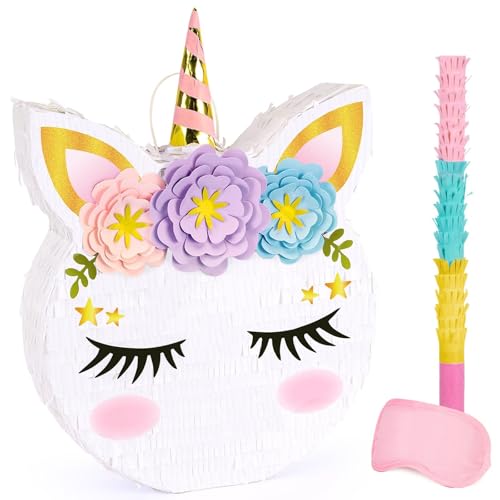 WERNNSAI Einhorn Piñata – Geburtstags Pinata Mädchen Kinder Party Dekorationen Einhorn Piñata mit Stock und Augenmaske Geburtstagsparty Familienspiele Geburtstagsdeko Zubehör 40 cm x 31cm von WERNNSAI