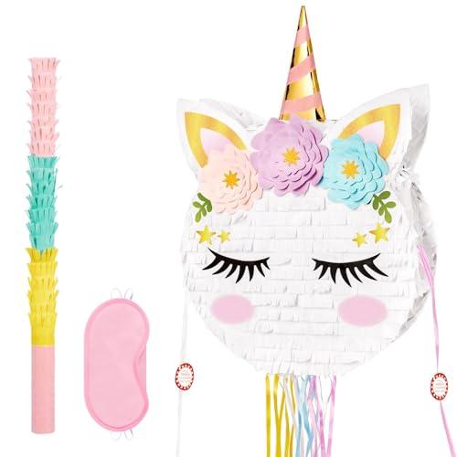 Einhorn Pinata – Mädchen Geburtstags Pinata Faltbare Pinata Ausziehbar mit Quasten Augenbinde Schläger Geburtstagsparty Spiele Faltbare Einhorn Piñatas Rosa Einhorn Party Klassenzimmerspiel von WERNNSAI