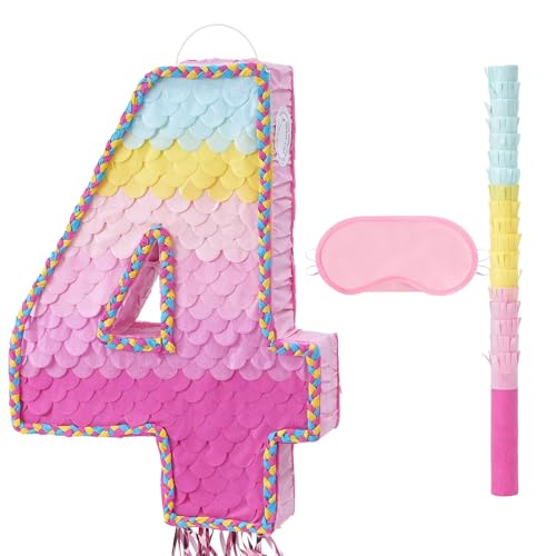 Geburtstags Piñata – Rosa Regenbogen-Piñata für 4-jährige Mädchen Jungen und Kleinkinder mit Augenmaske Stab Quaste und Kordelzug Geburtstagsparty Dekoration Spiele von WERNNSAI