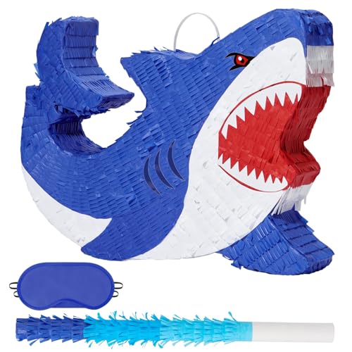 WERNNSAI Hai-Piñata – Hai-Geburtstagsparty-Dekorationen, blauer Hai, Pinata mit Augenbinde und Fledermaus für Kinder, Jungen, unter dem Meer, Partyzubehör, Babyparty, Feier von WERNNSAI