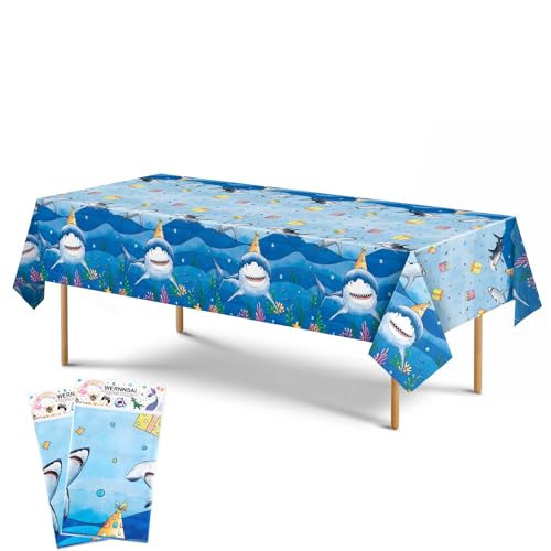 Hai Tischdecke - 2 Stück 137 x 274cm Hai Motiv Rechteckige Tischdecke Geburtstag Party Dekorationen für Kinder Jungen Baby Dusche Blauer Ozean Hai Unter dem Meer Thema Party Zubehör von WERNNSAI