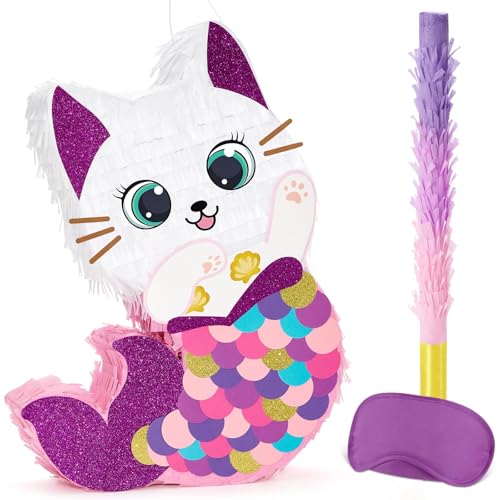WERNNSAI Katze Pinata – Kätzchen Meerjungfrau Pinata mit Augenbinde und Fledermaus für Mädchen Kinder Meerjungfrau Geburtstag Party Dekorationen unter dem Meer Party Supplies Babyparty Sommer Feier von WERNNSAI