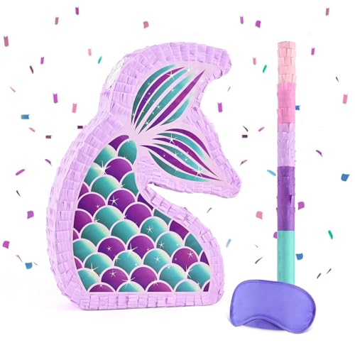 WERNNSAI Meerjungfrau Pinata-Meerjungfrau Geburtstag Partydeko Zubehör für Mädchen Piñiata mit Stock und Augenbinde Kinder Ozean Themen Party Spiel Karnevalsaktivitäten Dekorationen 42 x 30 x 7.6cm von WERNNSAI