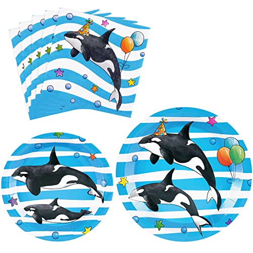 Orca Partyteller und Servietten – 48 teiliges Orca Geburtstagsparty Zubehör für Kinder Blauer Ozean unter dem Meer Partydekorationen Babyparty Abendessen Dessert Geschirr Set für 16 Gäste von WERNNSAI