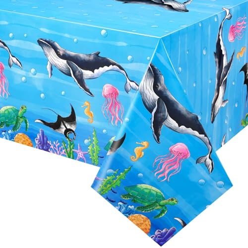 WERNNSAI Ozean Party Tischdecke–1 Packung 137,2 x 274,3cm Ozean Geburtstagsparty Zubehör Kunststoff Rechteckig Einweg Wal Tischdecke für Kinder Schwimmen Ozean Meer Motto Geburtstagsparty Dekorationen von WERNNSAI