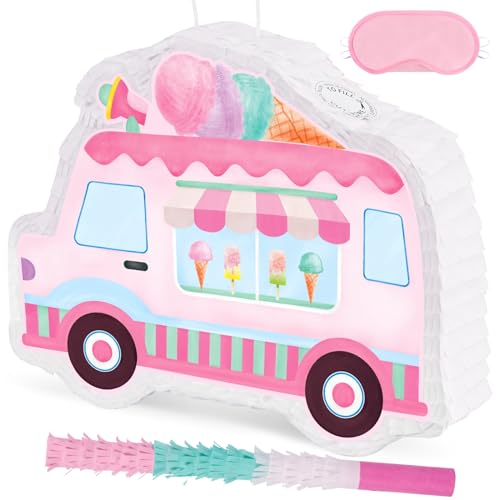 Eiscreme Pinata - 40 x 31 cm Eiswagen Pinata mit Stock und Augenbinde Geburtstagsspiel für Kinder Mädchen Sommer Candy Mottoparty Baby Dusche Schulische Aktivitäten Dessert Party Dekorationen von WERNNSAI