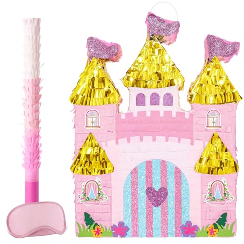 Wernnsai Prinzessin Castle Pinata - Rosa Pinata mit Augenbinde und Fledermaus für Mädchen Geburtstag Party Spiel von WERNNSAI