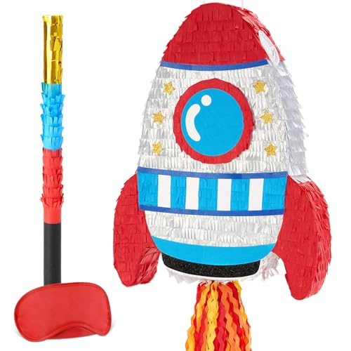 WERNNSAI Raketen-Piñata – Raumschiff-Piñata mit Augenbinde und Stock für Kinder, Weltraumabenteuer, Geburtstagsparty, Dekoration, Galaxie, Astronaut, Party, Babyparty, Jahrestag, Feier, Zubehör von WERNNSAI